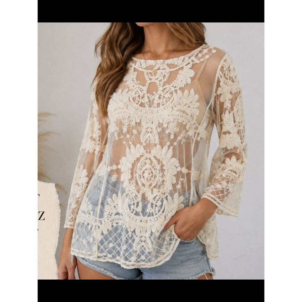 Saint Tropez West Ivory Lace Mesh Boho Kimono Top Sheer Crochet Overlay Size M